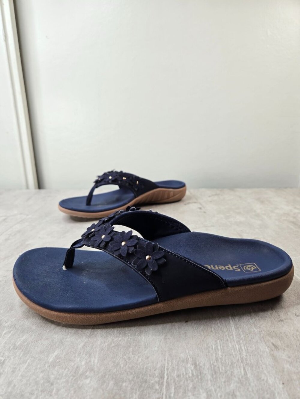 Spenco Orthotic Thong Sandals 8 Blue Flower Embellished Summer Beach Flip Flops